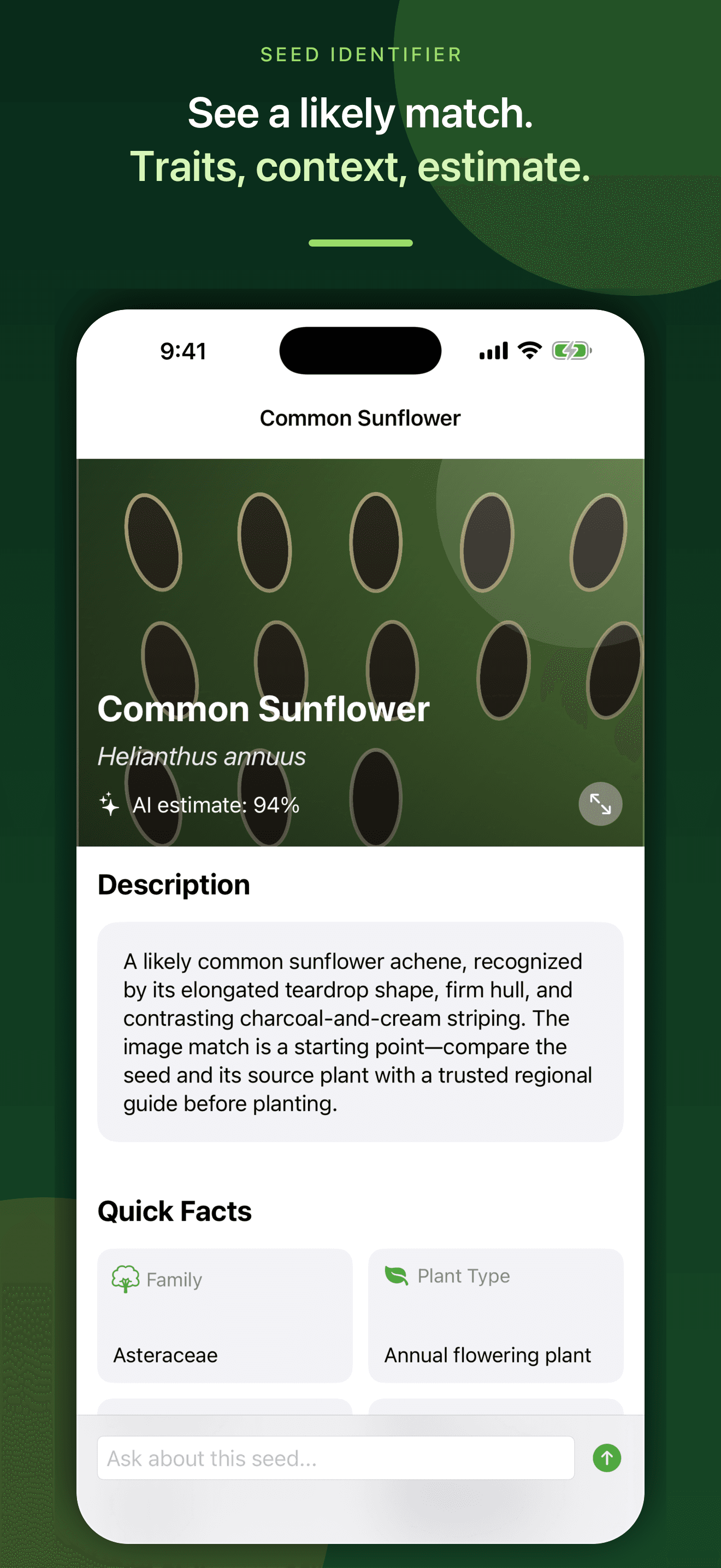 Likely sunflower seed match with AI confidence estimate
