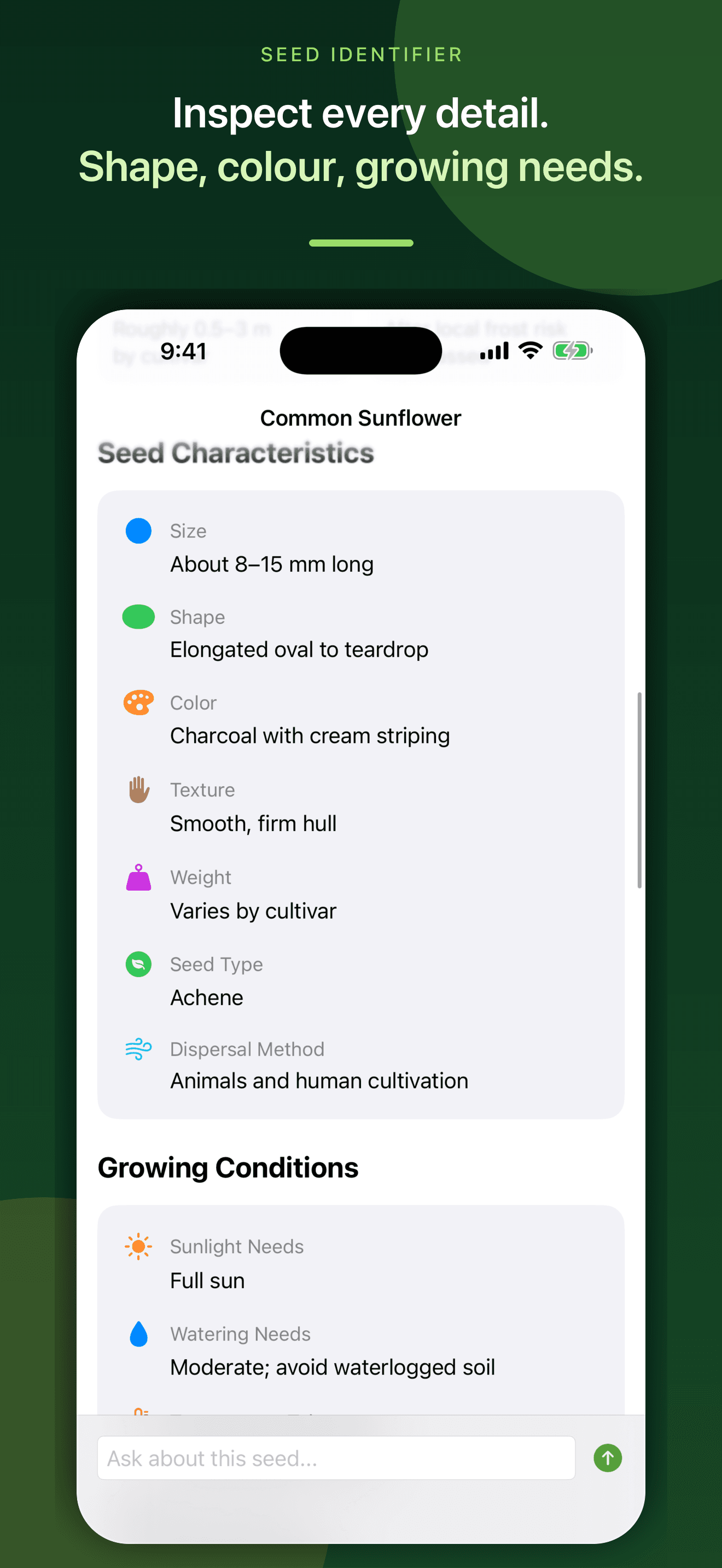 Seed characteristics and typical growing conditions